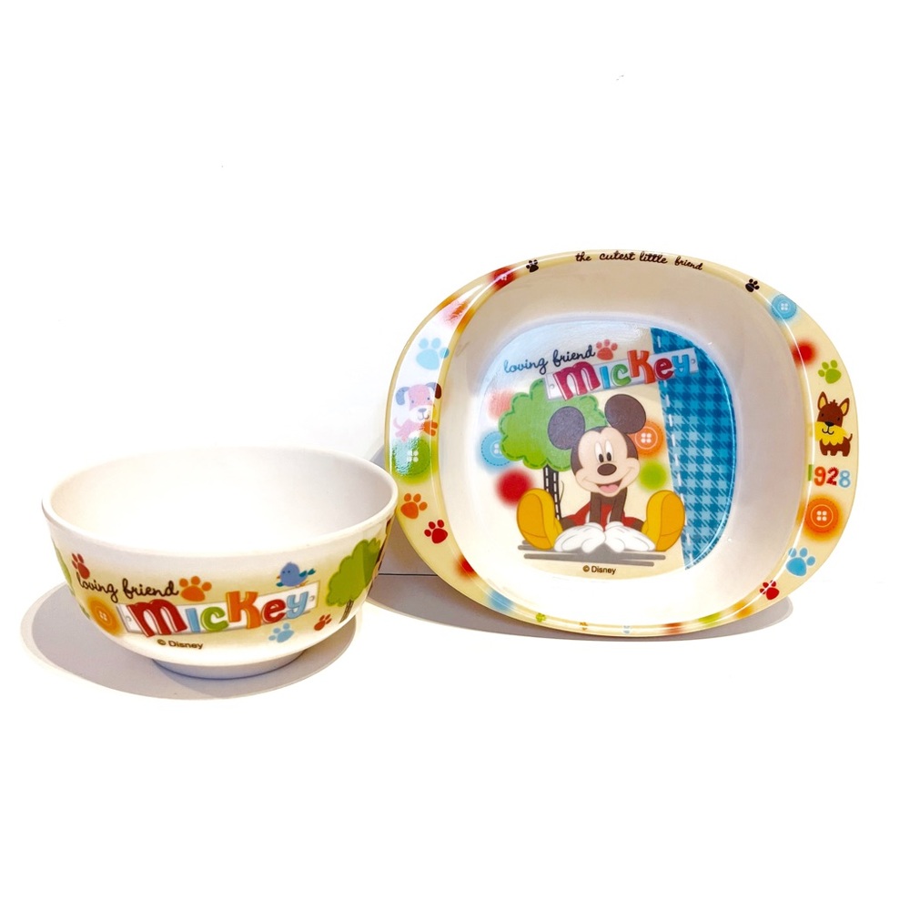 Disney Mickey Mouse Bowl Set Minnie Mouse Dog 1928 Yellow Blue Green Paw Print